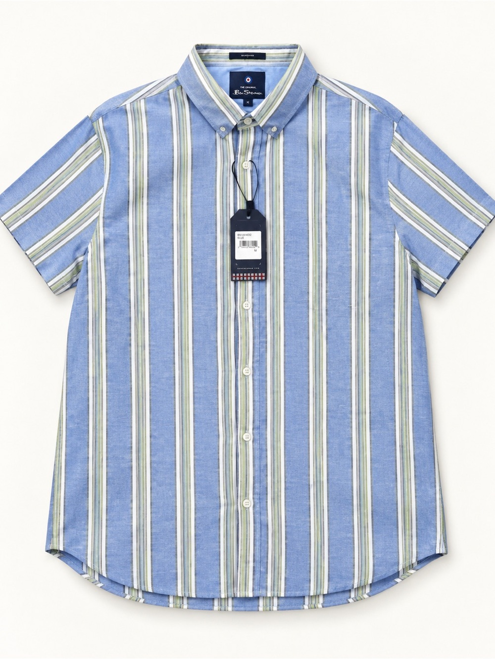 Ben Sherman Blue, White & Green Vertical Stripe Short-Sleeve Button-Down Shirt